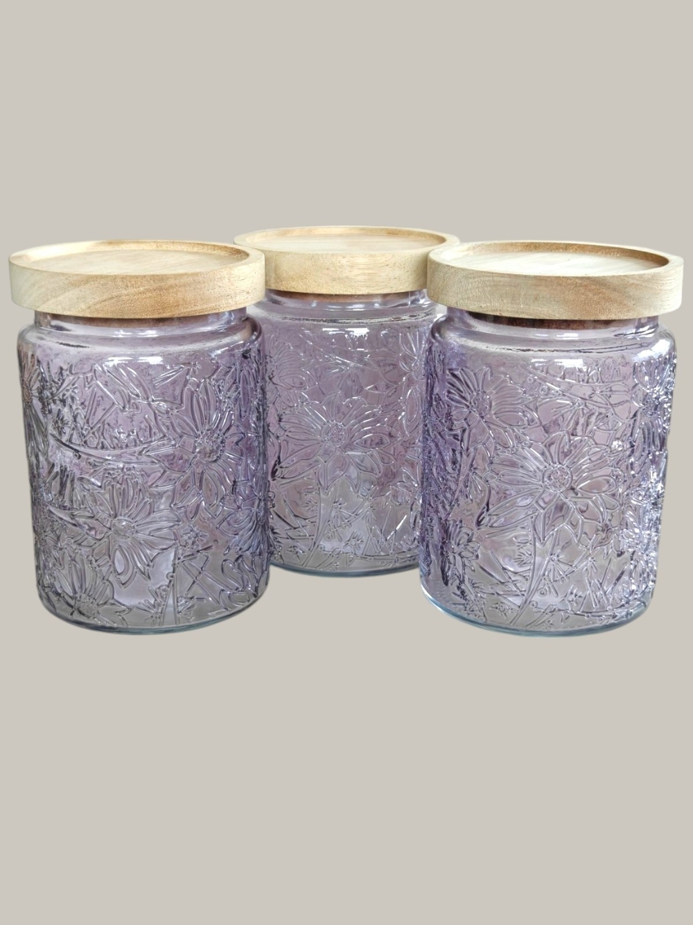 Set of 3 Embossed Glass Canisters with Wooden Lids - Light Purple